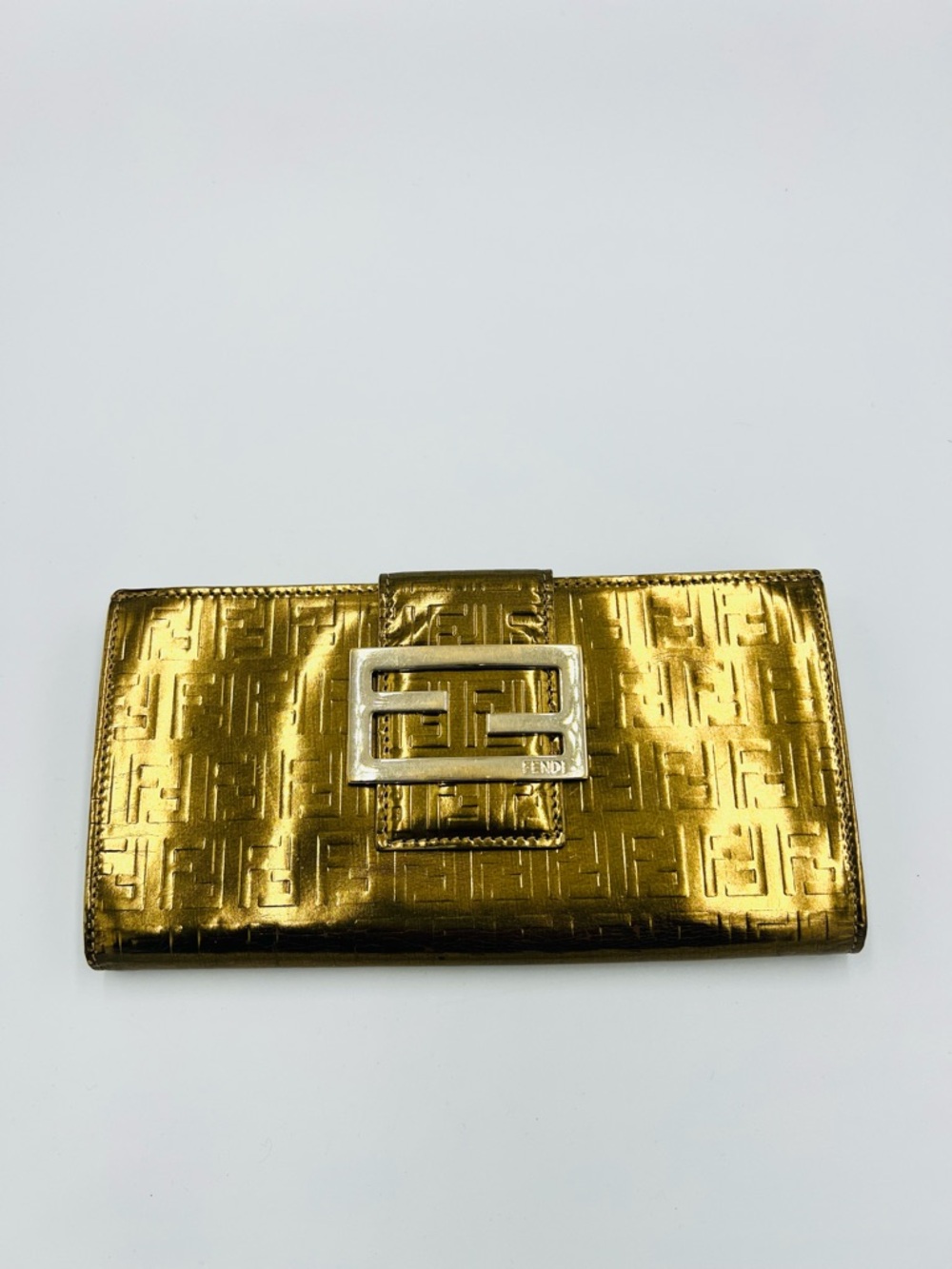 Fendi Gold Laminated Leather Zucca Embossed Continental Wallet